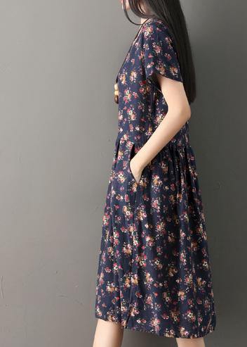 Beautiful print cotton clothes Indian Sewing navy oversized Dresses summer - bagstylebliss