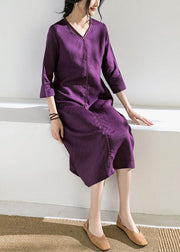 Beautiful purple linen Robes v neck tie waist Dress - bagstylebliss