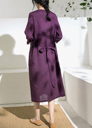 Beautiful purple linen Robes v neck tie waist Dress - bagstylebliss