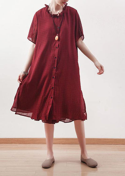 Beautiful red Chiffon clothes ruffles collar short summer shirt Dress - bagstylebliss