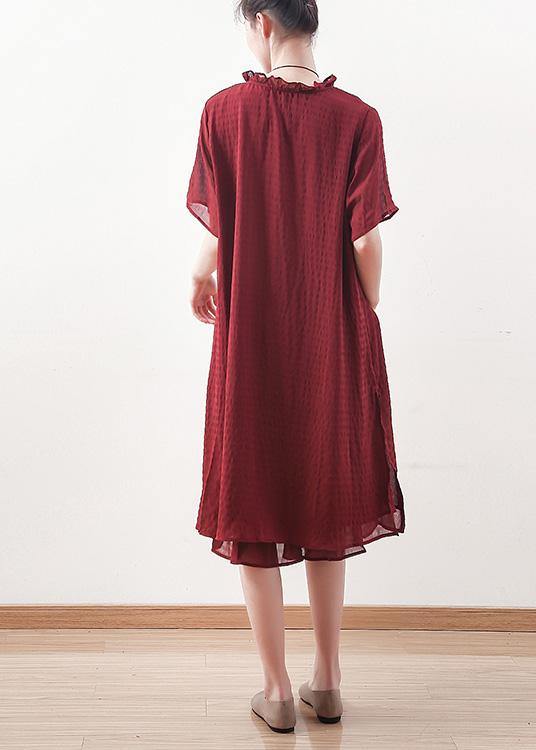 Beautiful red Chiffon clothes ruffles collar short summer shirt Dress - bagstylebliss