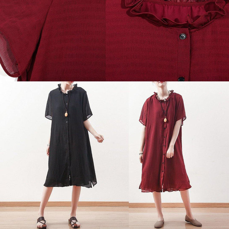 Beautiful red Chiffon clothes ruffles collar short summer shirt Dress - bagstylebliss