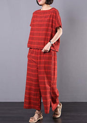 Beautiful red Plaid cotton Pakistani Design Split Casual Two Piece Suit - bagstylebliss