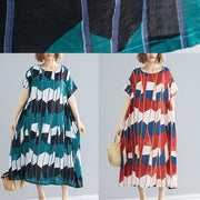 Beautiful red blue Plaid cotton quilting clothes Plus Size pattern o neck Kaftan Summer Dress - bagstylebliss
