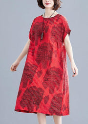 Beautiful red print cotton clothes striped o neck loose summer Dress - bagstylebliss