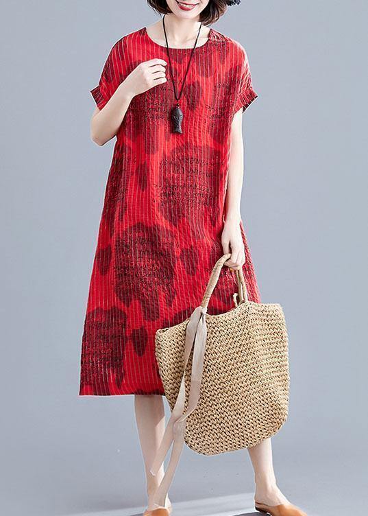 Beautiful red print cotton clothes striped o neck loose summer Dress - bagstylebliss