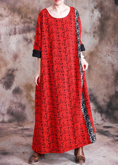 Beautiful red print cotton quilting dresses o neck long sleeve robes fall Dresses - bagstylebliss