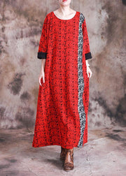 Beautiful red print cotton quilting dresses o neck long sleeve robes fall Dresses - bagstylebliss