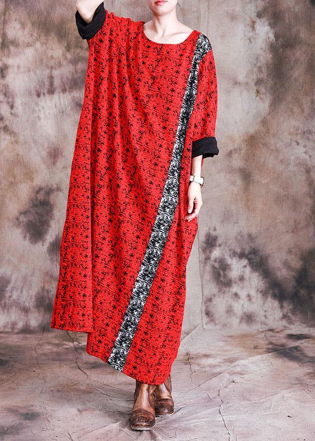Beautiful red print cotton quilting dresses o neck long sleeve robes fall Dresses - bagstylebliss