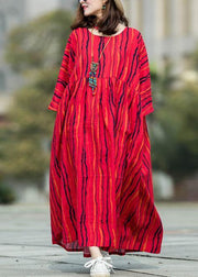 Beautiful Red Striped Linen Cotton Robes O Neck Large Hem Traveling Summer Dresses - bagstylebliss