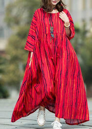 Beautiful Red Striped Linen Cotton Robes O Neck Large Hem Traveling Summer Dresses - bagstylebliss