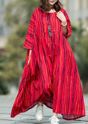 Beautiful Red Striped Linen Cotton Robes O Neck Large Hem Traveling Summer Dresses - bagstylebliss