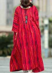 Beautiful Red Striped Linen Cotton Robes O Neck Large Hem Traveling Summer Dresses - bagstylebliss