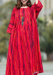 Beautiful Red Striped Linen Cotton Robes O Neck Large Hem Traveling Summer Dresses - bagstylebliss