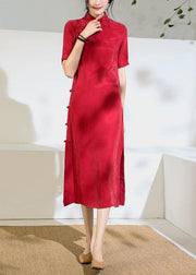 Beautiful red tunics for women stand collar Chinese Button Kaftan summer Dress - bagstylebliss