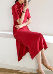 Beautiful red tunics for women stand collar Chinese Button Kaftan summer Dress - bagstylebliss