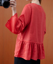 Beautiful red tunics for women v neck Ruffles loose summer blouses - bagstylebliss