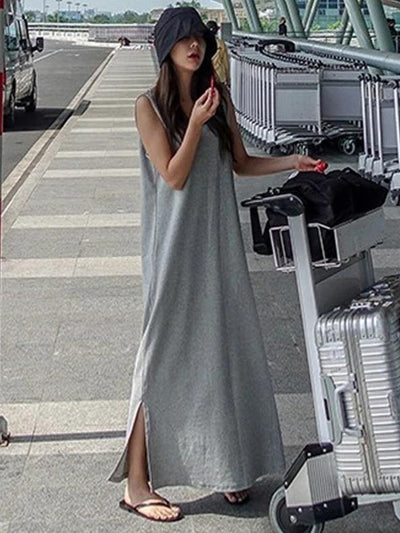Beautiful sleeveless side open cotton summer Tunics gray Maxi Dress - bagstylebliss