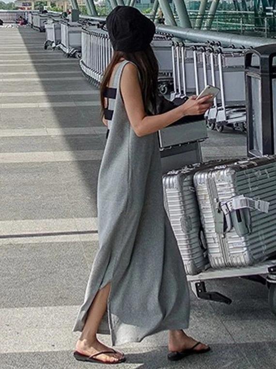 Beautiful sleeveless side open cotton summer Tunics gray Maxi Dress - bagstylebliss