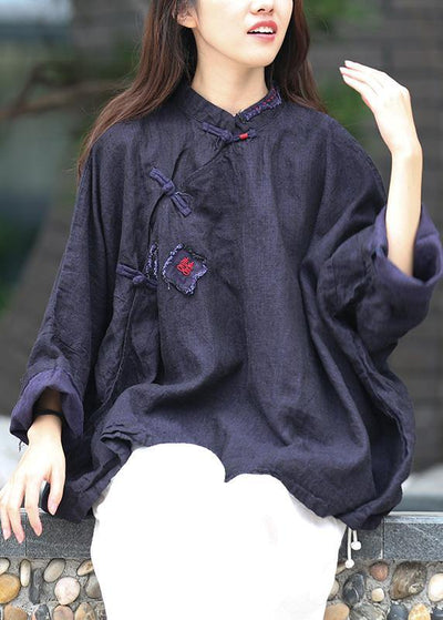 Beautiful stand collar Batwing Sleeve Tunic Cotton navy shirts - bagstylebliss