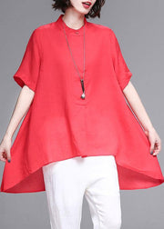 Beautiful stand collar asymmetric cotton women red box blouse summer - bagstylebliss