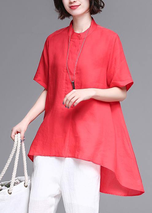 Beautiful stand collar asymmetric cotton women red box blouse summer - bagstylebliss