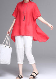 Beautiful stand collar asymmetric cotton women red box blouse summer - bagstylebliss