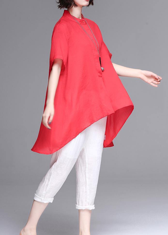 Beautiful stand collar asymmetric cotton women red box blouse summer - bagstylebliss