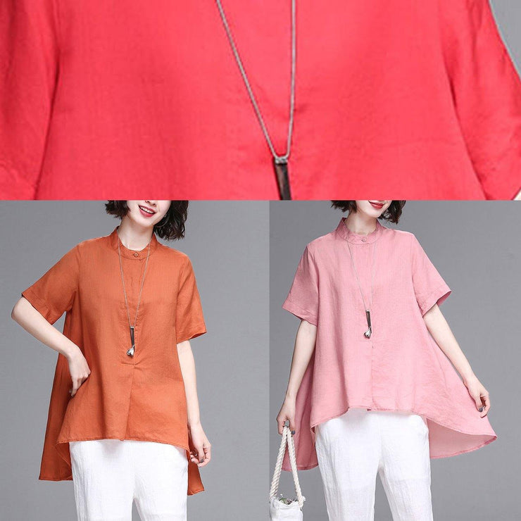 Beautiful stand collar asymmetric cotton women red box blouse summer - bagstylebliss