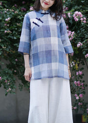 Beautiful stand collar linen top silhouette Sewing blue plaid tops - bagstylebliss