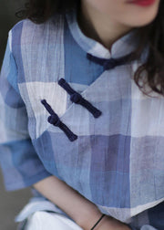 Beautiful stand collar linen top silhouette Sewing blue plaid tops - bagstylebliss