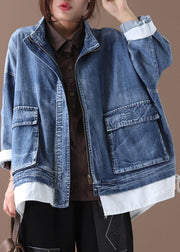 Beautiful stand collar zippered Fine crane coats denim blue Art women coats - bagstylebliss