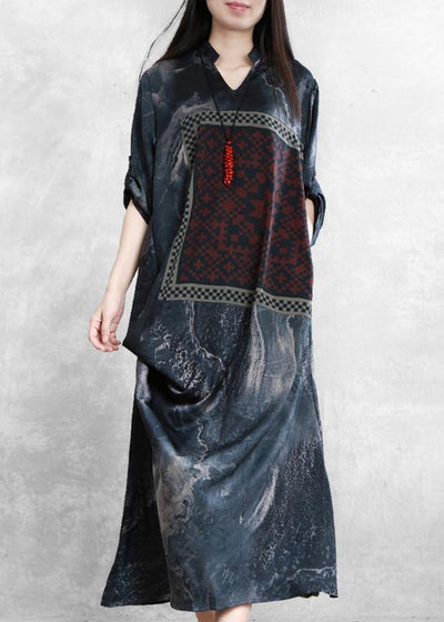 Beautiful v neck asymmetric clothes dark gray print Dresses - bagstylebliss