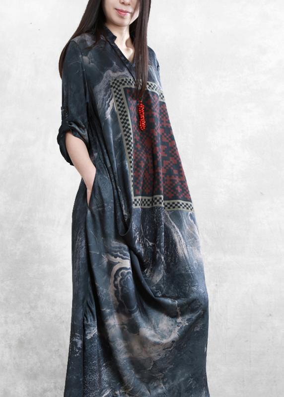 Beautiful v neck asymmetric clothes dark gray print Dresses - bagstylebliss