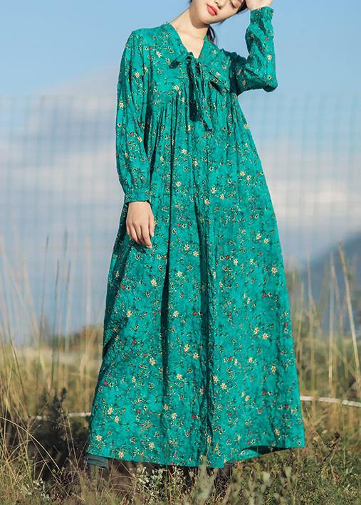 Beautiful v neck long sleeve linen clothes For Women Runway green print Dresses summer - bagstylebliss