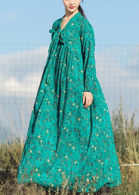 Beautiful v neck long sleeve linen clothes For Women Runway green print Dresses summer - bagstylebliss