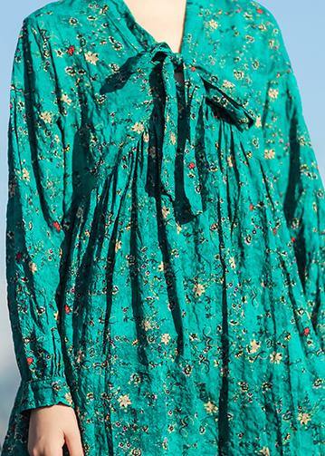 Beautiful v neck long sleeve linen clothes For Women Runway green print Dresses summer - bagstylebliss