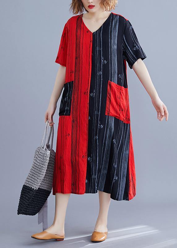 Beautiful v neck patchwork tunic dress Runway red Maxi Dresses summer - bagstylebliss