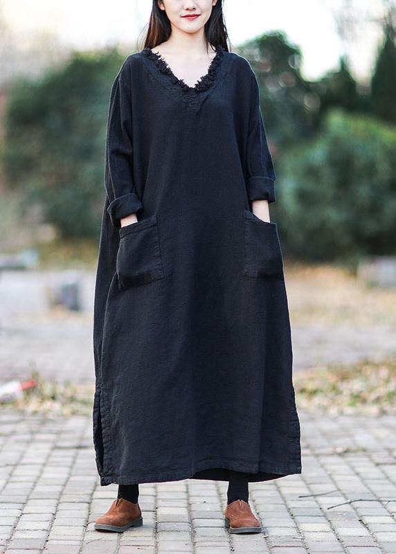 Beautiful v neck pockets fall clothes For Women Outfits black Kaftan Dress - bagstylebliss