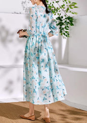 Beautiful v neck Cinched linen summer Robes Inspiration light blue print Dress - bagstylebliss