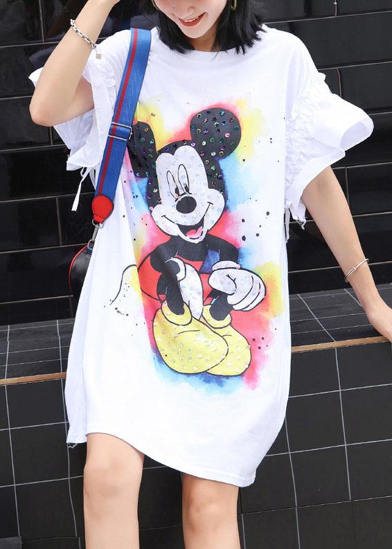 Beautiful white Cartoon print Cotton clothes flare sleeve shift summer Dress - bagstylebliss