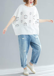 Beautiful white dotted cotton linen tops women plus size design o neck Batwing Sleeve short Summer tops - bagstylebliss