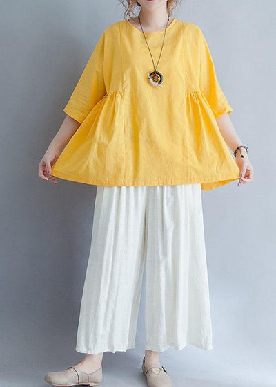 Beautiful yellow o neck linen cotton clothes For Women Shirts half sleeve summer blouses - bagstylebliss