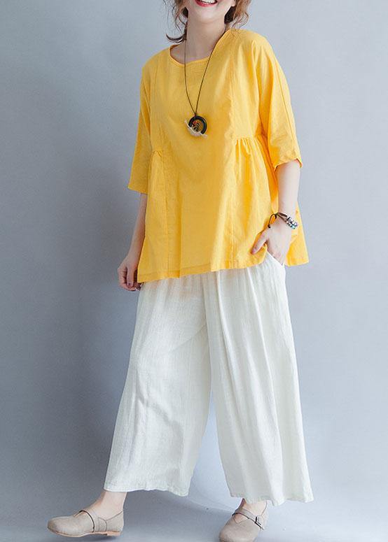 Beautiful yellow o neck linen cotton clothes For Women Shirts half sleeve summer blouses - bagstylebliss