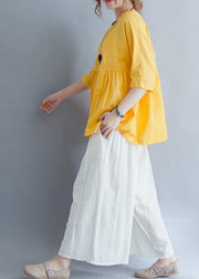 Beautiful yellow o neck linen cotton clothes For Women Shirts half sleeve summer blouses - bagstylebliss