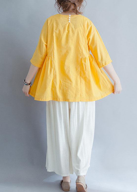 Beautiful yellow o neck linen cotton clothes For Women Shirts half sleeve summer blouses - bagstylebliss