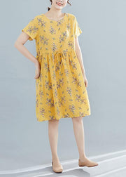 Beautiful yellow print Cotton Tunics o neck drawstring summer Dresses - bagstylebliss