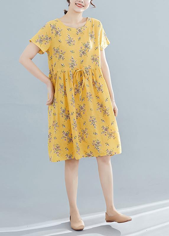 Beautiful yellow print Cotton Tunics o neck drawstring summer Dresses - bagstylebliss