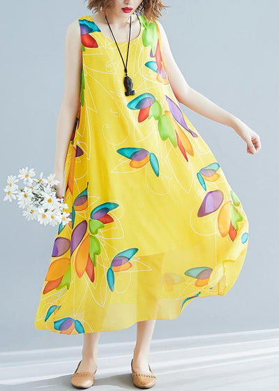 Beautiful yellow print chiffon Robes Korea Tutorials o neck false two pieces long Summer Dress - bagstylebliss