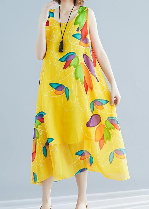 Beautiful yellow print chiffon Robes Korea Tutorials o neck false two pieces long Summer Dress - bagstylebliss